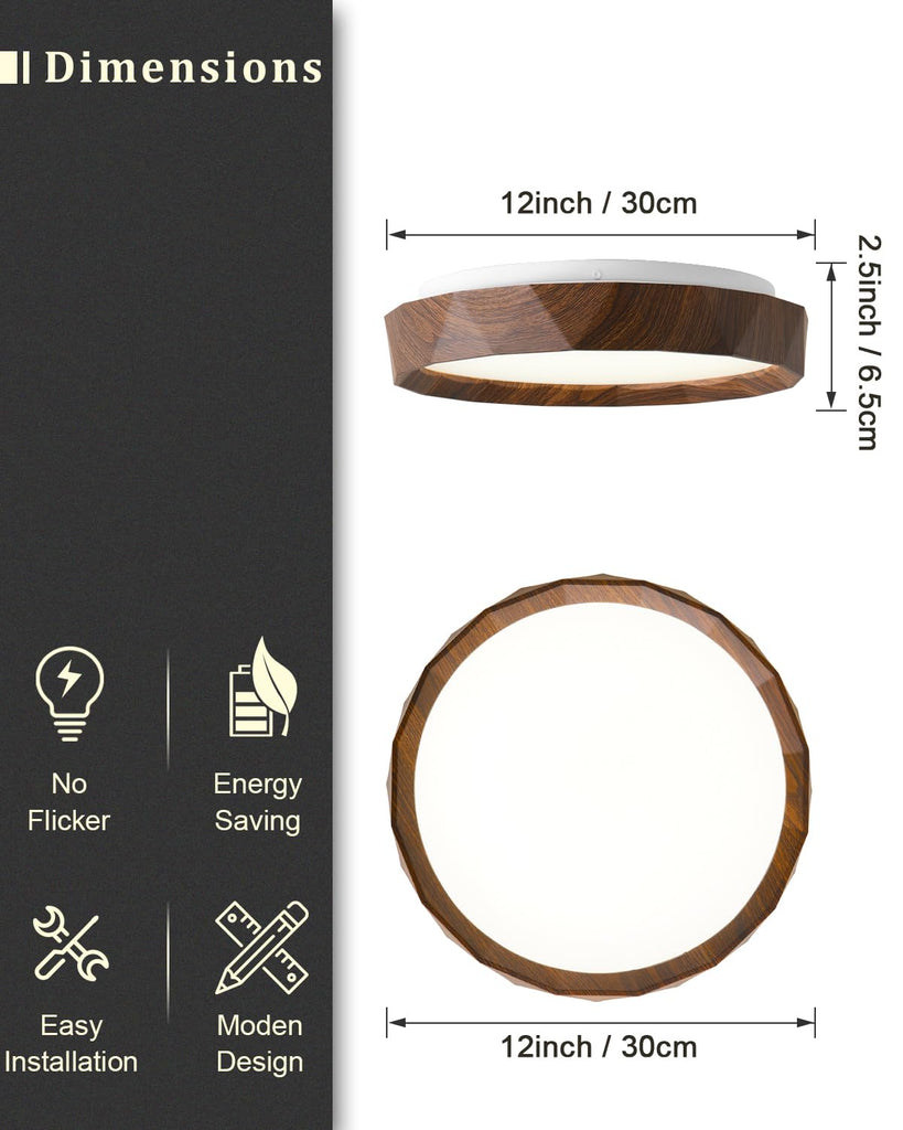 12 inch LED Flush Mount Ceiling Light Fixture, 3000K 4000K 5000K Adjustable Ceiling Lights, Farmhouse Oak Wood Grain