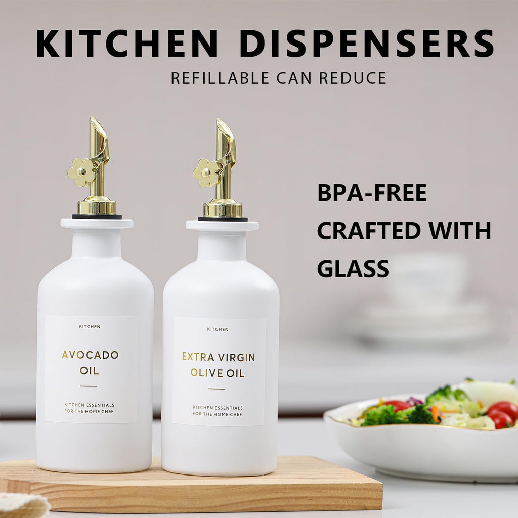 Olive Oil Dispenser, 12oz Glass kitchen Dispenser Bottle, Gold Oil&Vinegar Cruet Set, Leakproof Oil Containers - Set of 2
