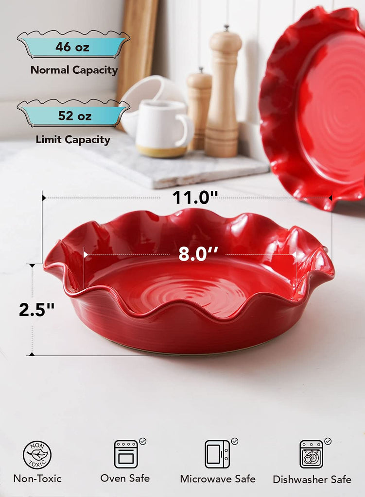 Ceramic Pie Pans for Baking, 11 Inches Deep Dish Pie Plate for Apple Pie, 48 Ounce Baking Dish with Ruffled Edge, Set
