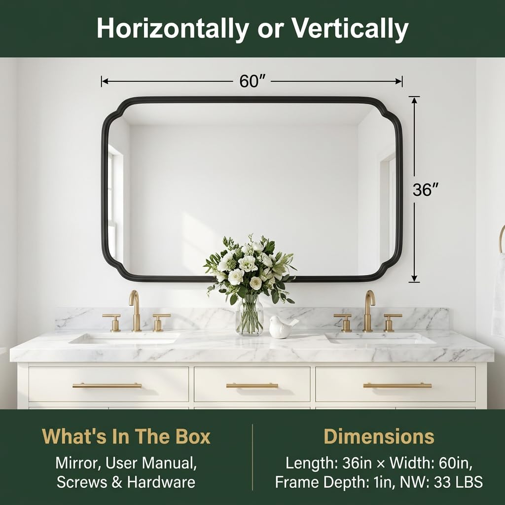 36x60 Matte Black Scalloped Bathroom Mirror Rounded Rectangle Frame,Full Length Mirror Size, Ideal for Large