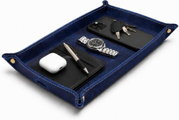 Leather Valet Tray for Men - Double Layer Genuine Leather Catchall EDC Tray for Keys, Wallet, Phone & Watch - Mens