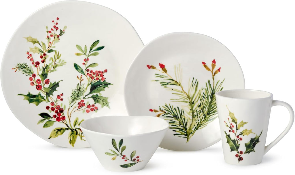 Holly and Vines Christmas Dinnerware Set - Piece Stoneware Service for 4 with Artist-Designed Holiday Plates, Mugs