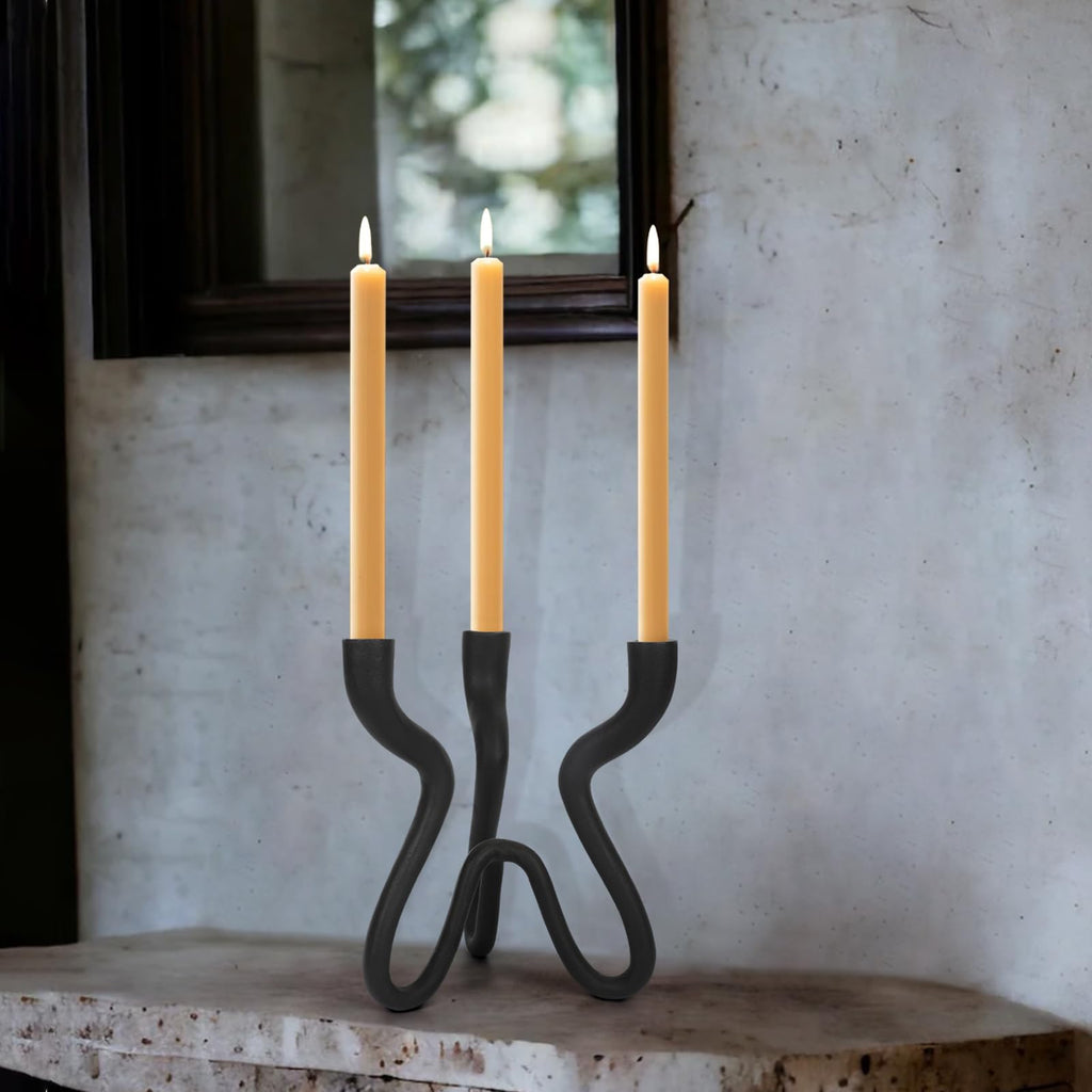 Triple Candle Holder Candelabra - Cast Iron Metal Taper Candlestick Stand with Matte Black Finish - Elegant Wedding