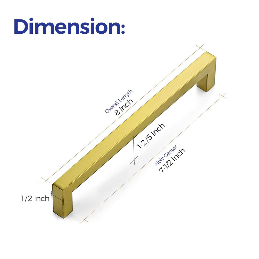 Brushed Brass Kitchen Square Cabinet Handles 7-1/2 Inch 15 Pack