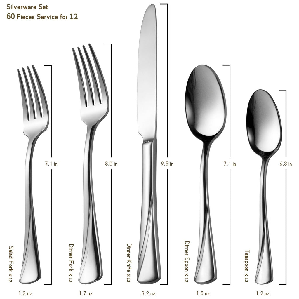 Alice 60-Piece Silverware Set Stainless Steel Flatware Set, Service for 12, Mirror Polished Cutlery Set, Dishwasher Safe