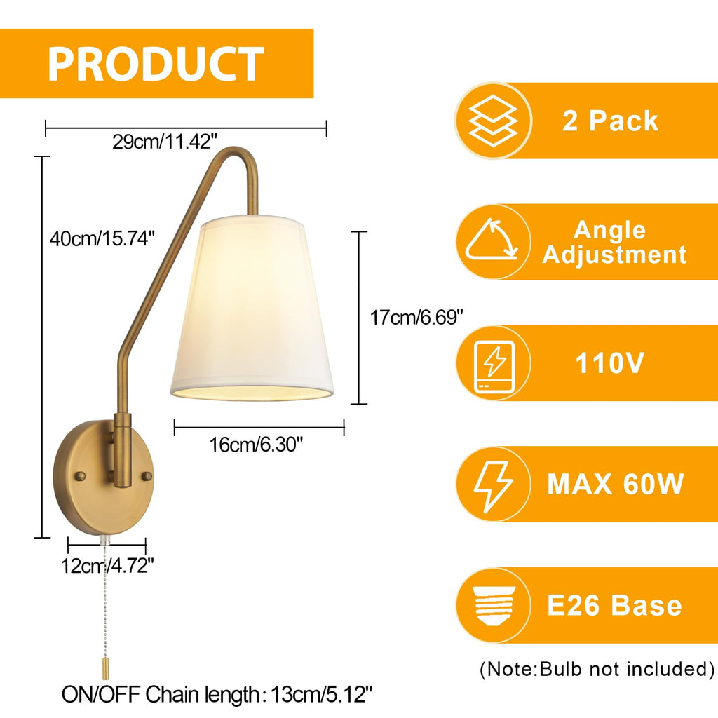 Swing Arm Wall Sconces Set of 2 Hardwired 180 Degree Left and Right Wall Light with Pull Chain Antique Brass Wall