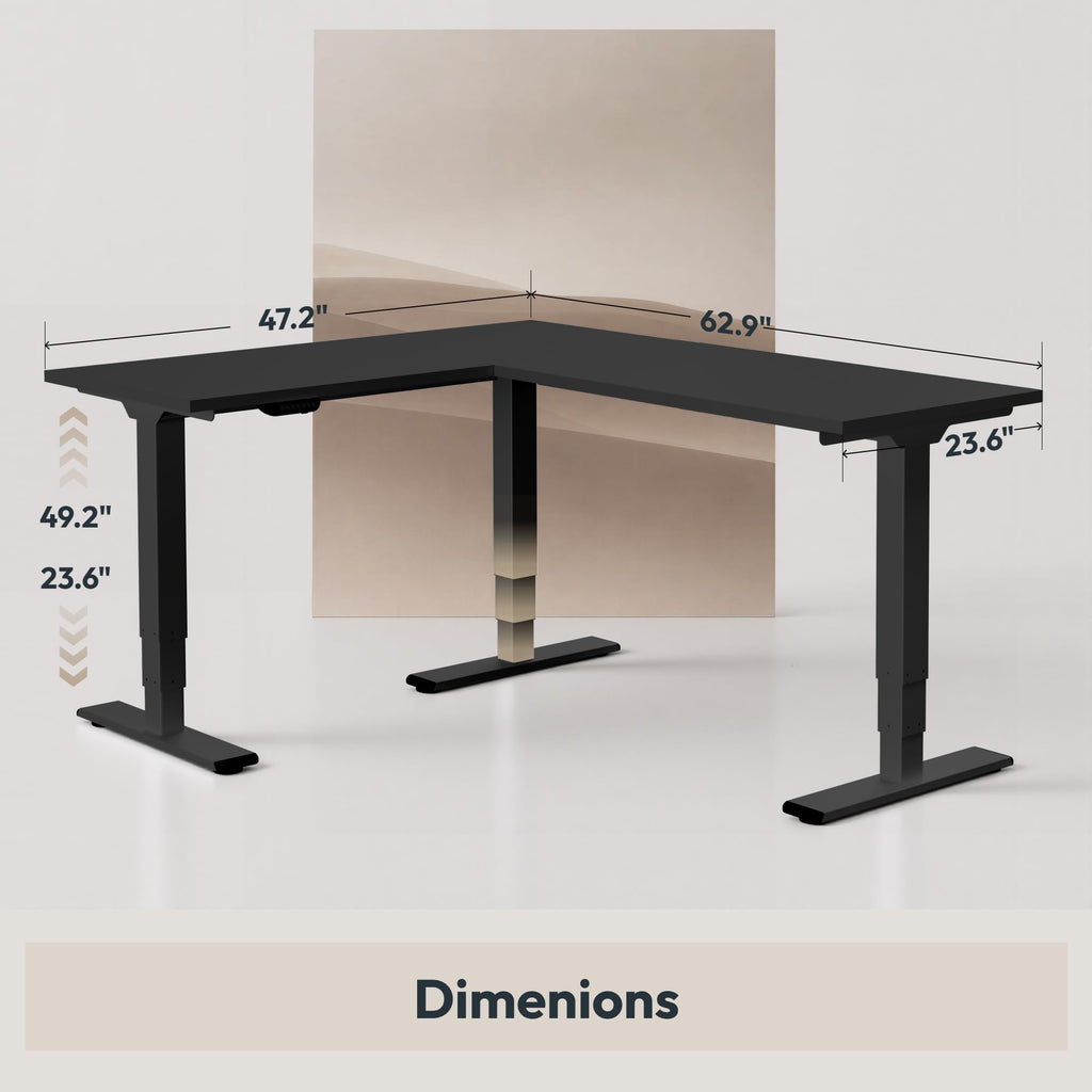 Triple Motor L-Shaped Standing Desk, 330 lbs, 63" x 47", Black