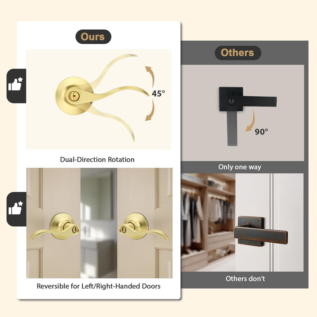 Gold Door Handles Interior Wave Passage Door levers Brushed Gold Interior Door Handles for Hall Closet Reversilble