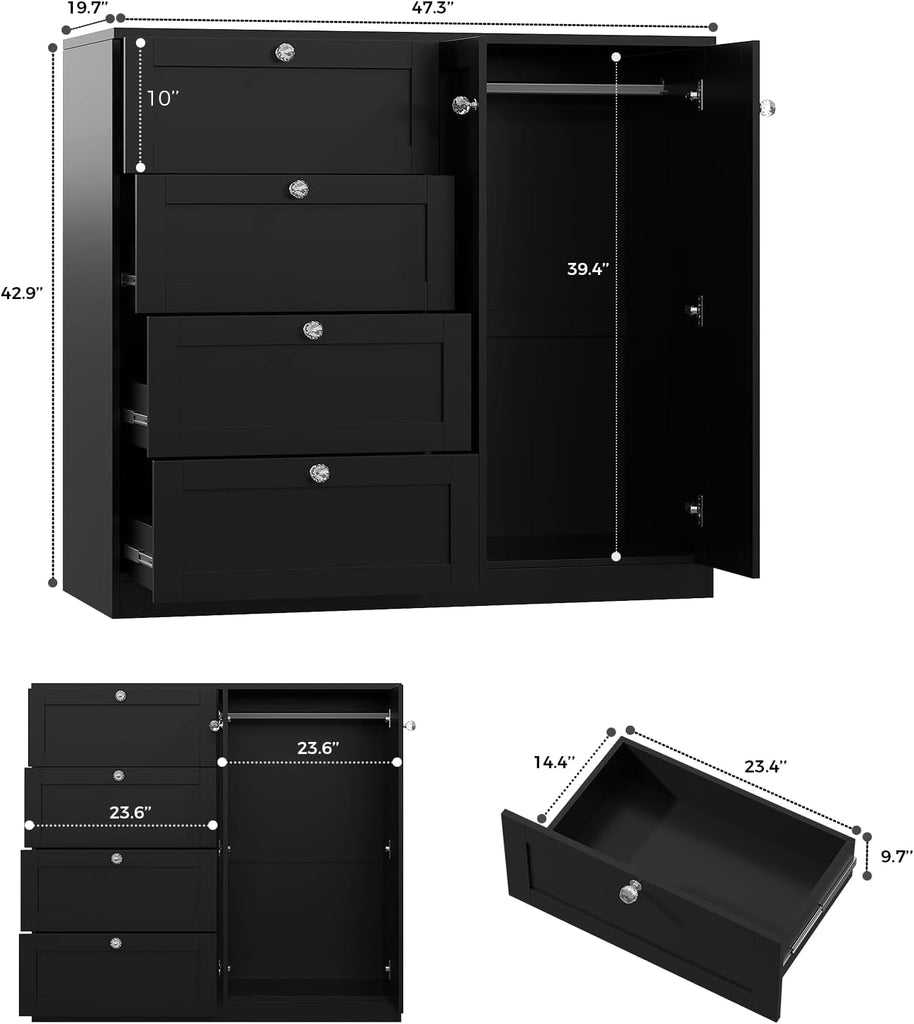 43''H Armoire Wardrobe Closet with 4 Drawers and 2 Doors | Small Clothing Storage Cabinet Dresser with Hanging Rod