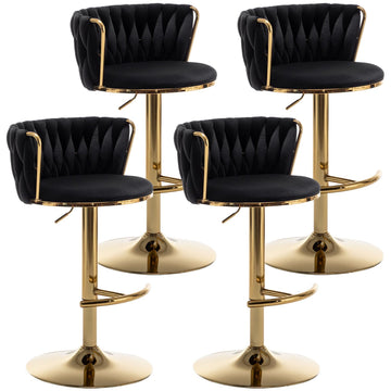 Woven Bar Stools Set of 4, Counter Height Bar Stools with Low Back, Gold Swivel Barstools Island, Bar Pub (Black)