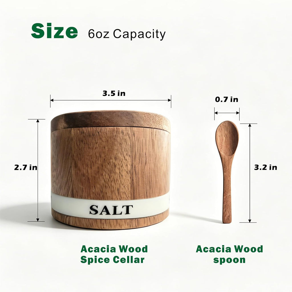 Salt Cellar, Acacia Wood Salt Containers with Lid for Countertop