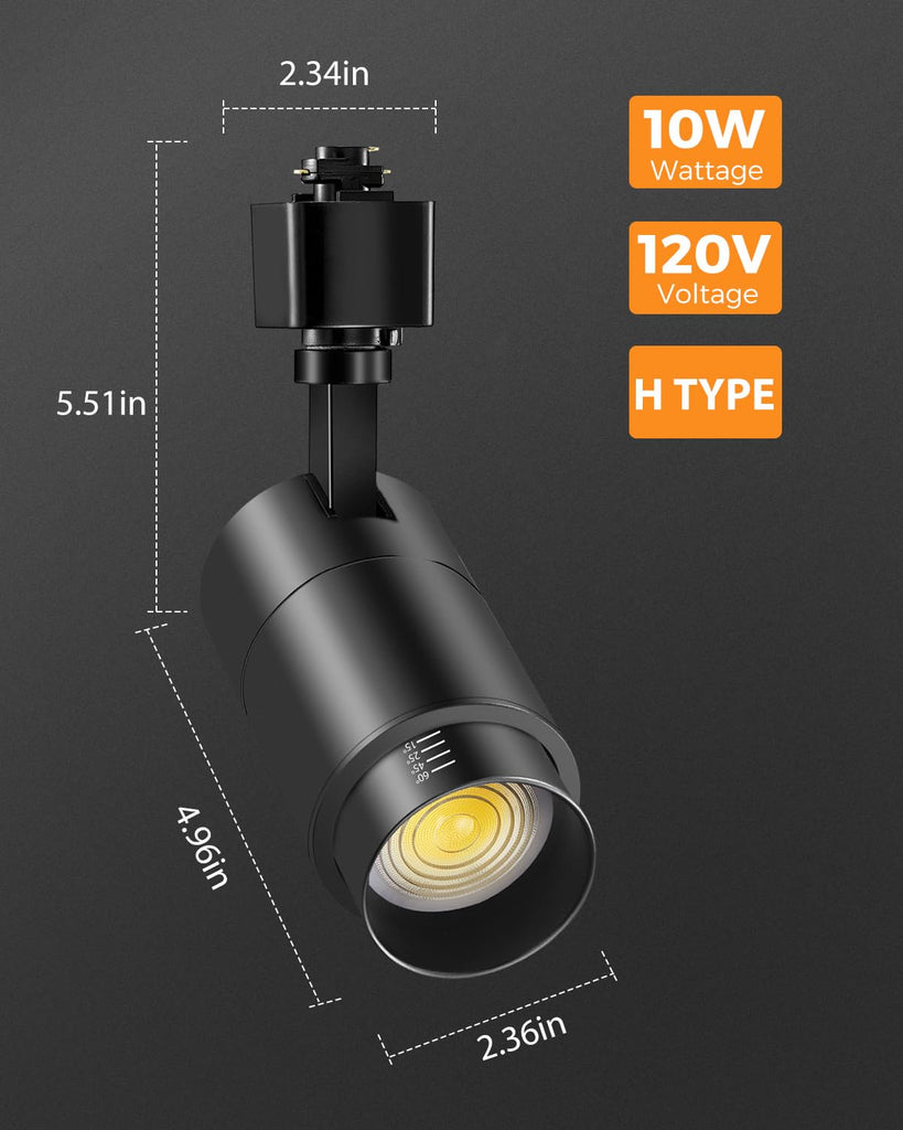 Zoomable 10W LED Track Lighting Heads H Type, Black 6 Pack