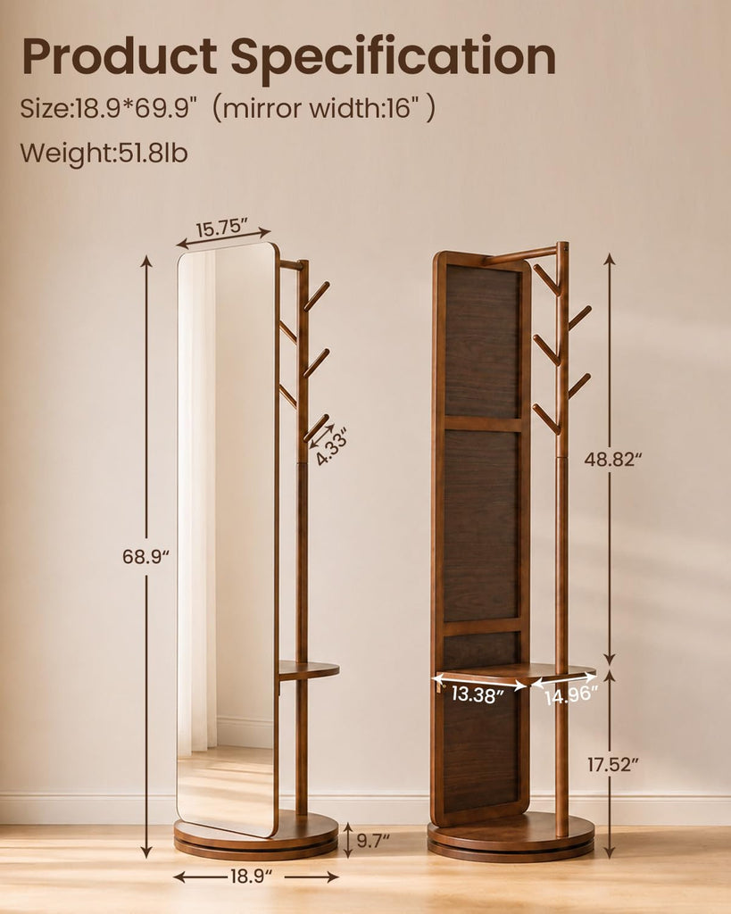 Solid Wood Mirror Coat Rack, Full Length Mirror with Stand Walnut