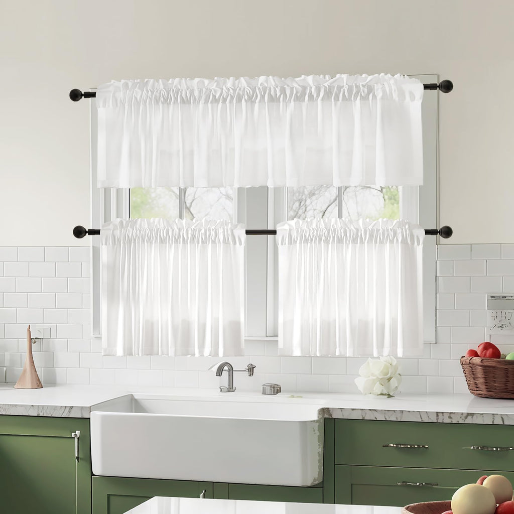 Non-See-Through Valance Kitchen Curtains 36 Inch Length 2 Panels Set, Off White Privacy Light Filtering Semi Sheer