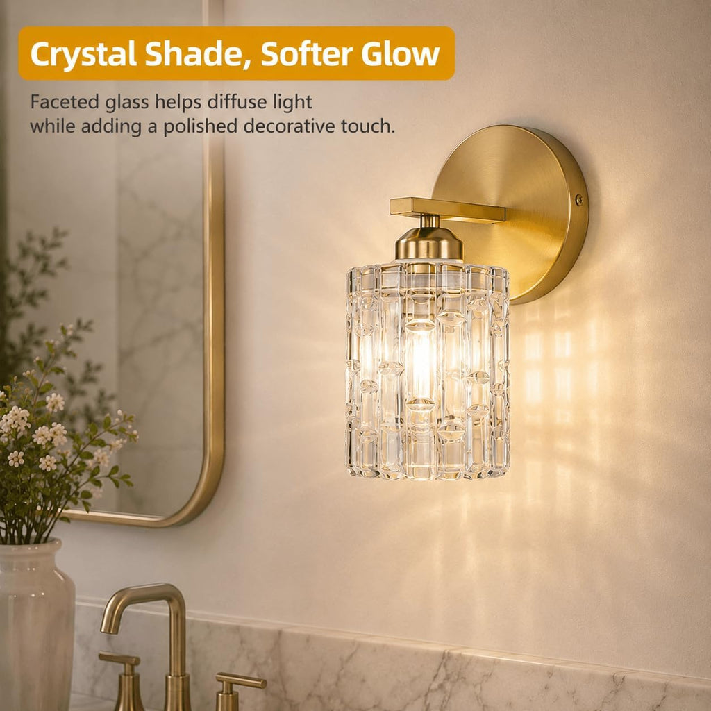 2-Pack 1-Light Modern Matte Black Crystal Wall Sconces, Hardwired Indoor Bathroom Vanity Light Fixtures, Crystal Over