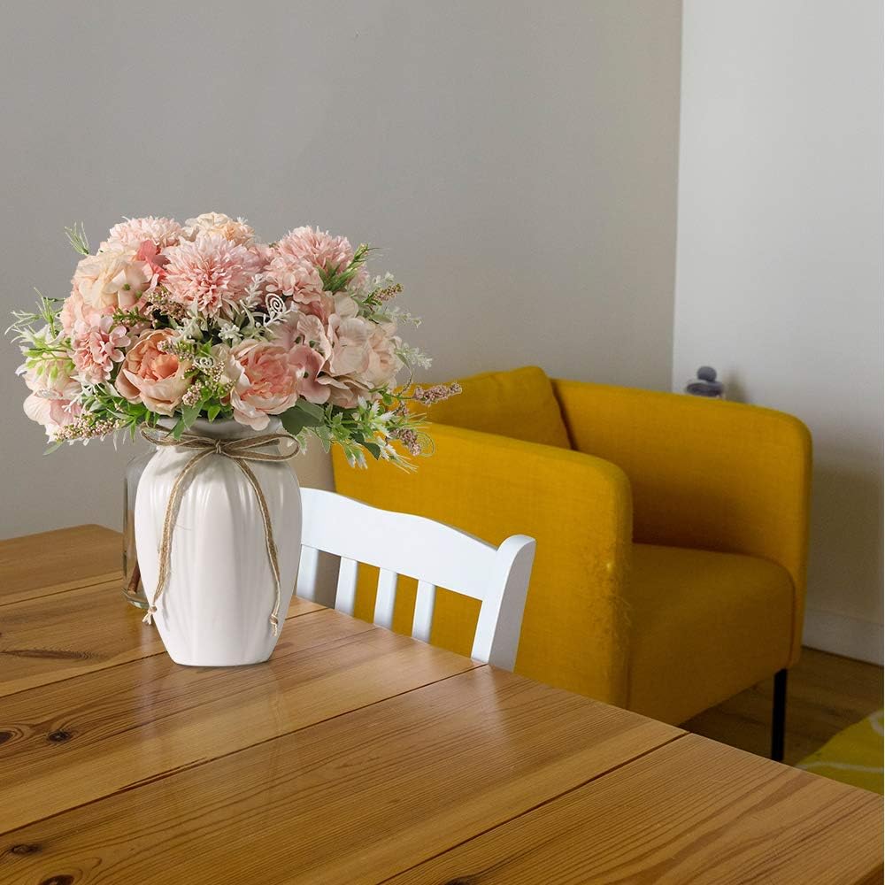 Peonies Artificial Flowers in Vase, Fake Hydrangea Silk Peony Flower Bouquet with Vase Faux Flowers Arrangement Decor - Set of 3