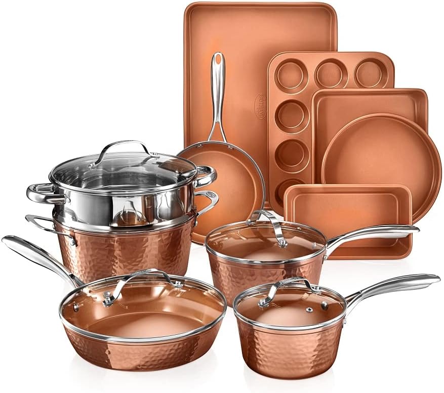 Hammered 15Pc Pots and Pans Set Non Stick Ceramic Cookware Set | Full Bakeware Set and Steamer Included, Induction