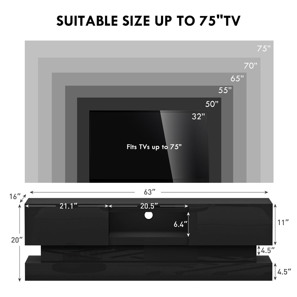 Modern Double-Layer TV Stands with Multi-Color LED Lights & Storage Drawers - High Gloss TV Entertainment Center