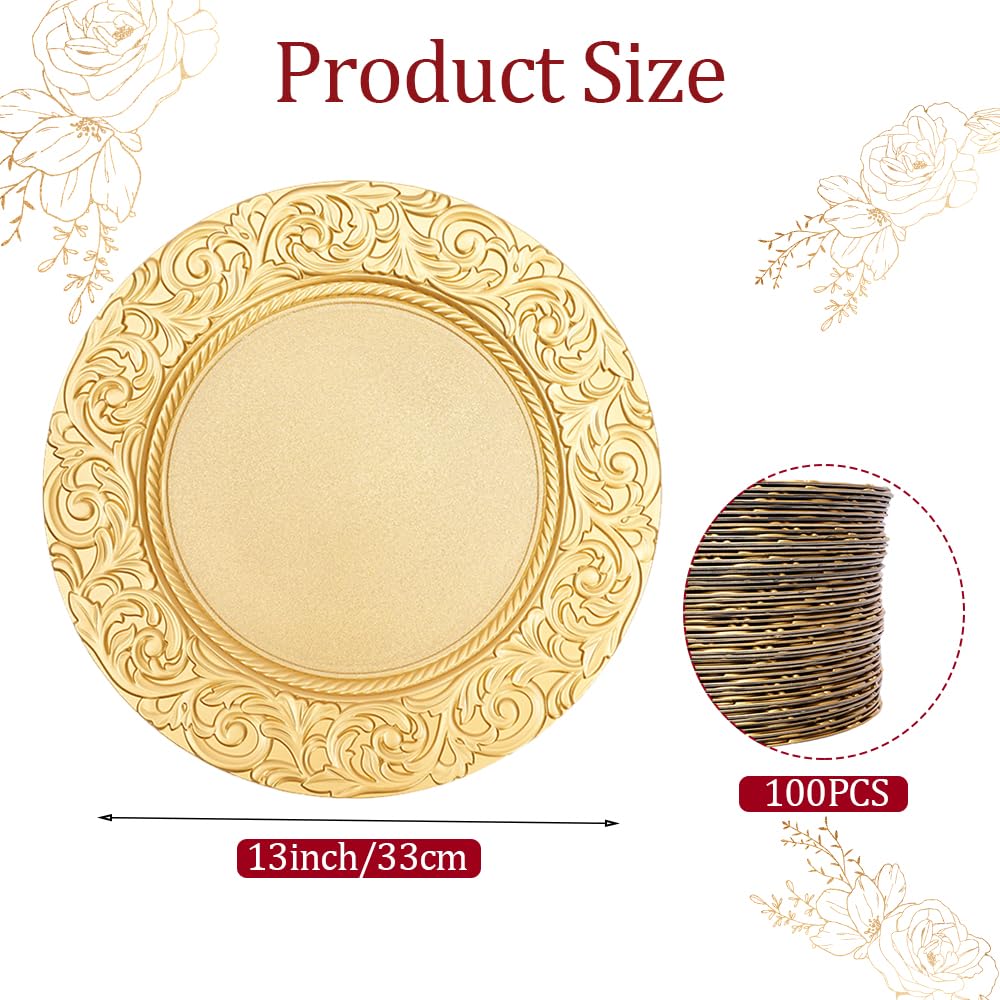 100Pcs Charger Plates with Floral Pattern 13" Chargers for Dinner Plates Bulk Wedding Decorative Table Charger Plates