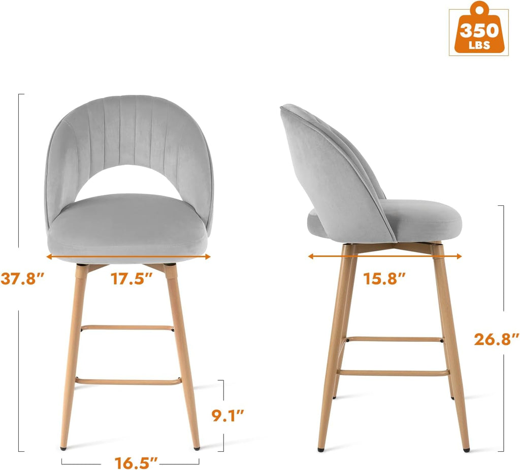 Swivel Bar Stools Set of 3, Counter Height Barstools Island, 26" Seat Height Bar Chairs, Velvet Upholstered Bar Stool