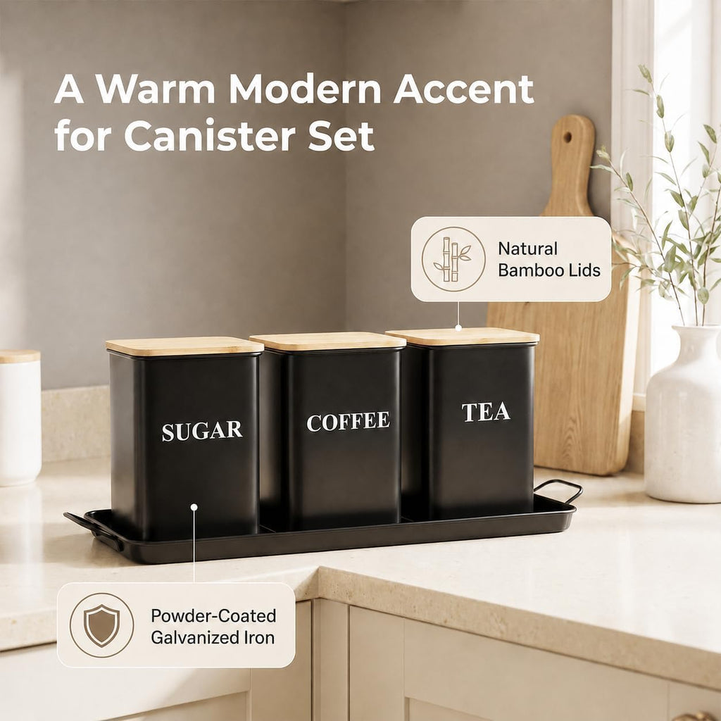 Coffee Tea Sugar Container Set , 50 oz Metal Kitchen Canisters-Black