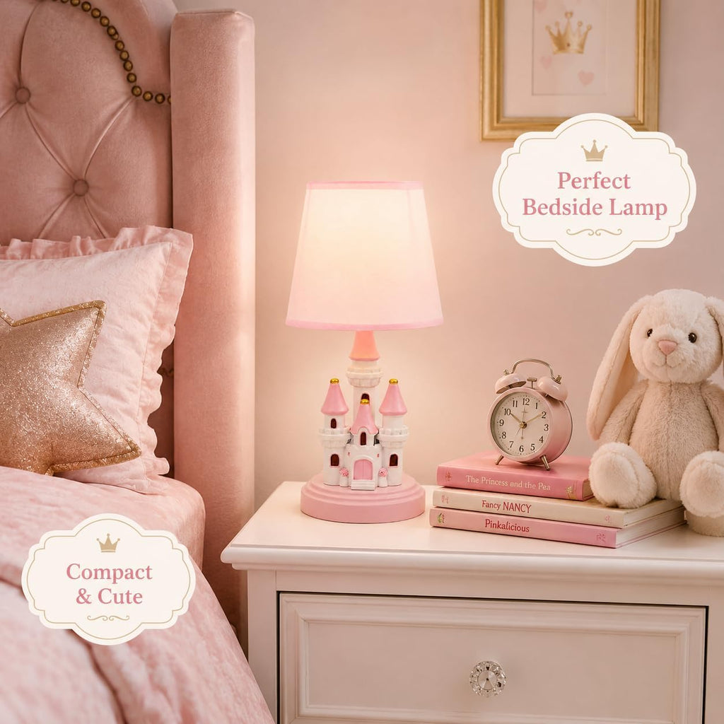 Kids Table Lamp, Adorable 14 Inch Castle Style Kids Desk Lamp, Pink Bedside Lamp Ideal for Girls Bedroom Decor