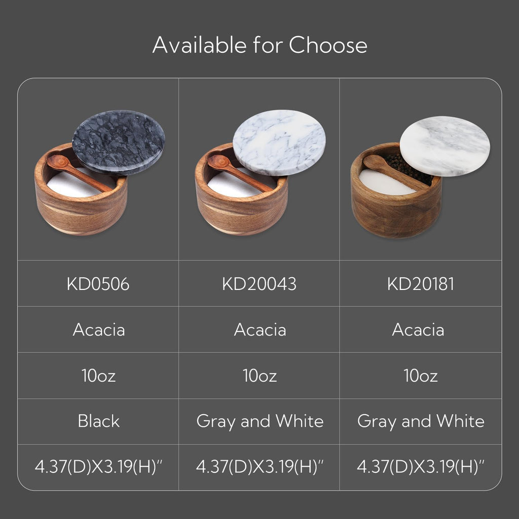 Large Acacia Salt Cellar Box Bowl with Built-in Spoon and Marble Lid, Solid Natural Acacia Wood Bath Sea Salt
