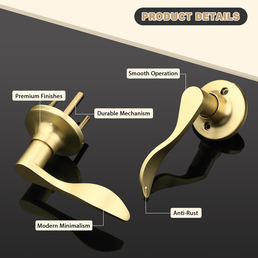 Gold Door Handles Interior Wave Passage Door levers Brushed Gold Interior Door Handles for Hall Closet Reversilble