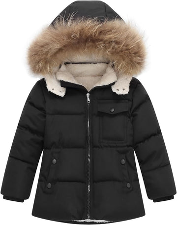 Winter Fleece Lined Puffer Jacket For Girl Collar Hooded Coats