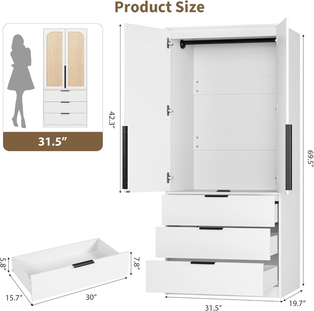 70" Wardrobe Armoire Wooden Closet with 3 Drawers, White | Bedroom Armoire with Hanging Rod Shelf, Large Capacity