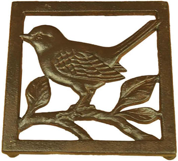 Birdie Cast Iron Trivet, Square with Vintage Pattern Decorative Cast Iron Trivet or Dining Table Rubber Feet Caps