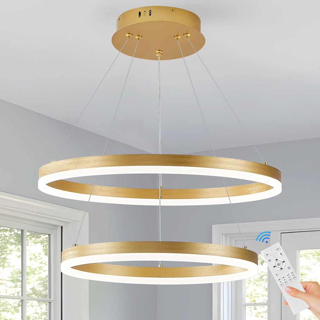 Modern LED Chandelier Gold 2-Rings Pendant Light Circular Flush Mount Ceiling Chandelier Lighting with Remote Control