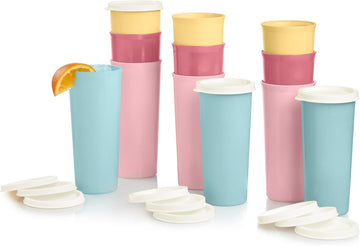 Tumbler Set in Multicolor, 12 Count, Dishwasher Safe and BPA Free (12 Tumblers, 12 Lids, 16 fl oz each)