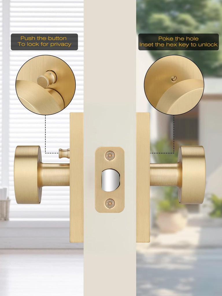 1 Pcs Satin Brass Privacy Door Knob, Gold Interior Door Handle