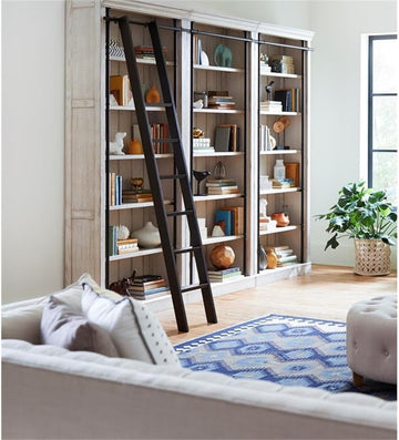 120" 3-Section Bookcase Wall, Solid Wood, Aged White Finish, Rolling Ladder, 5 Adjustable Shelves Per Section, French