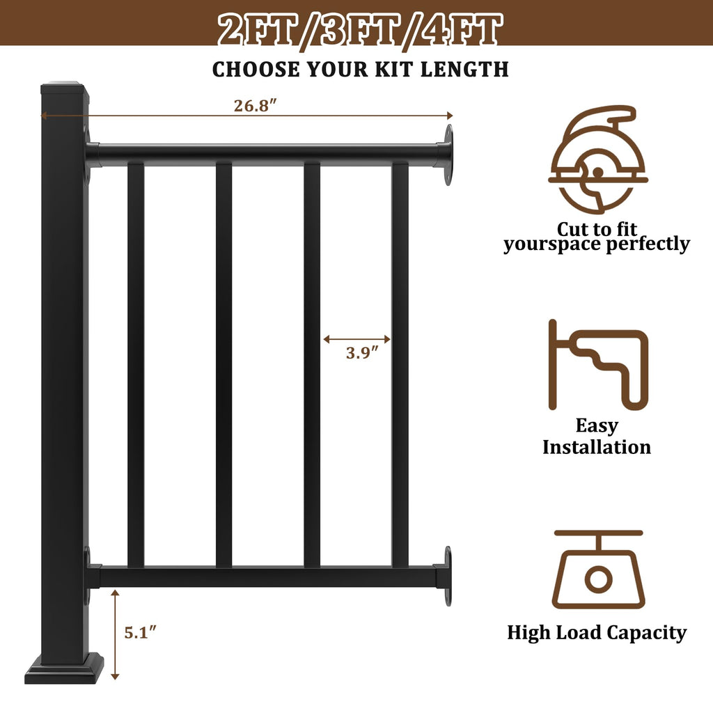 36in H X 2 Ft Deck Railing Kit, Black Porch Railing with Post, 1 Post+1 Panel All-in-One Installation, AAMA 2604 Coat