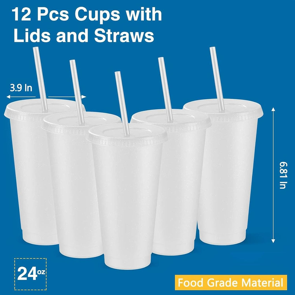 12 Pcs Reusable Glitter Cups with Lids and Straws 24 oz Plastic Tumbler Iced Coffee Cup Travel Mug for Smoothie Juice
