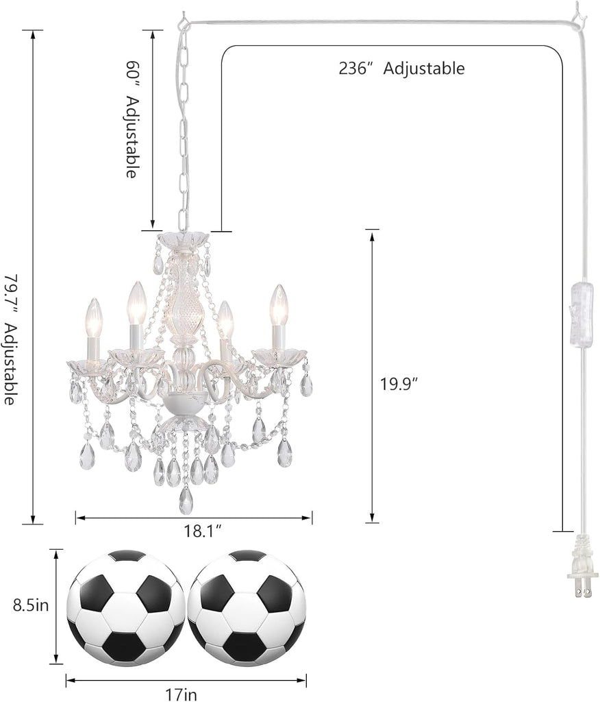 Plug-in White Crystal Chandelier, 4-Light Ceramic & Crystal Hanging Pendant Light with Clear Cord and On/Off Switch