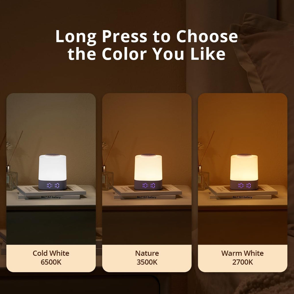 LED Nursery Night Light with Clock, Rechargeable Table Lamp, Purple