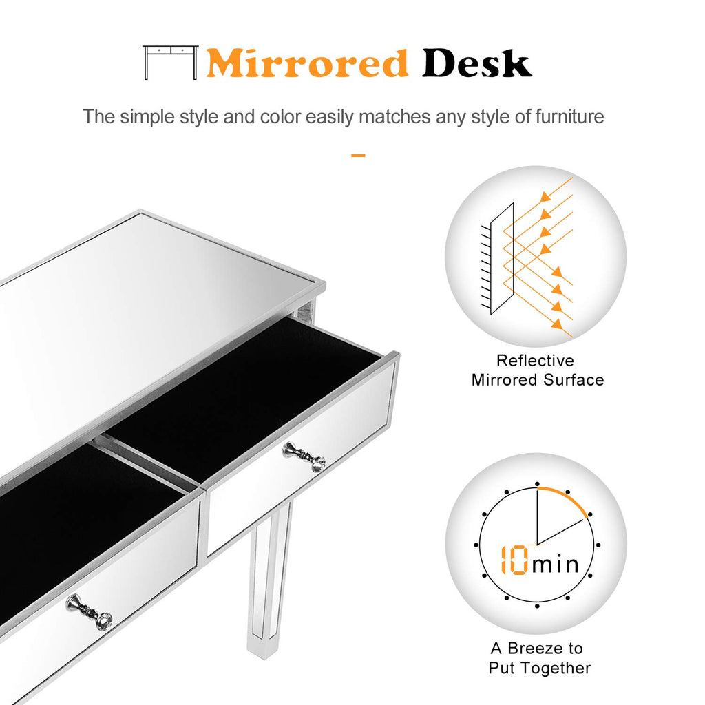 Mirrored Console Table with 2 Drawers /Hallway Silver Bedroom Desk Sofa Tables