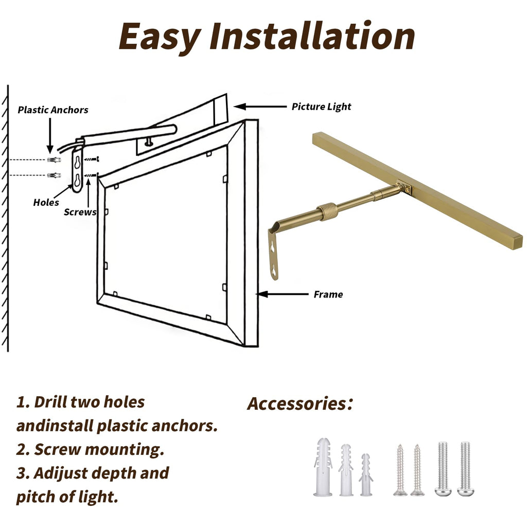 Brass Picture Lights for Paintings Plug in, 16" 4W Adjustable LED Gold Picture Light Art Light, Remote Control