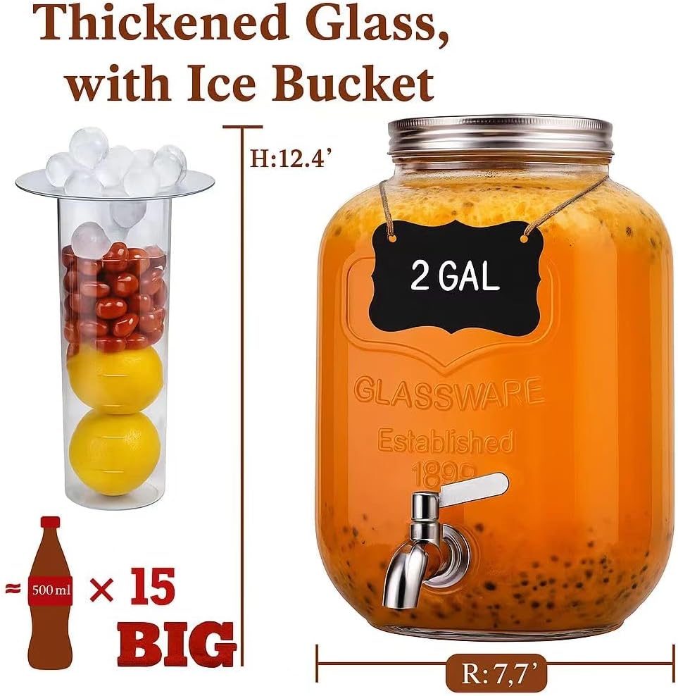 2 Gallon Christmas Drink Dispenser with 18/8 Stainless Steel Spigot - Glass Mason Jar for Sun Tea, Iced Lemonade
