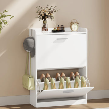 Shoe Storage Cabinet with 2 Flip Drawers, 23.6" W White