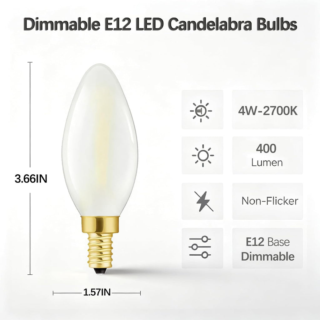 Frosted Chandelier Light Bulb 40W Dimmable E12 Candelabra LED Bulbs,2700K