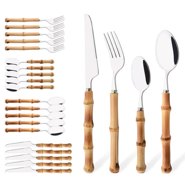 Bamboo Handle Silverware Set, 24-Piece Flatware Set for 6, Stainless Steel Cutlery Eating Utensils Include Forks