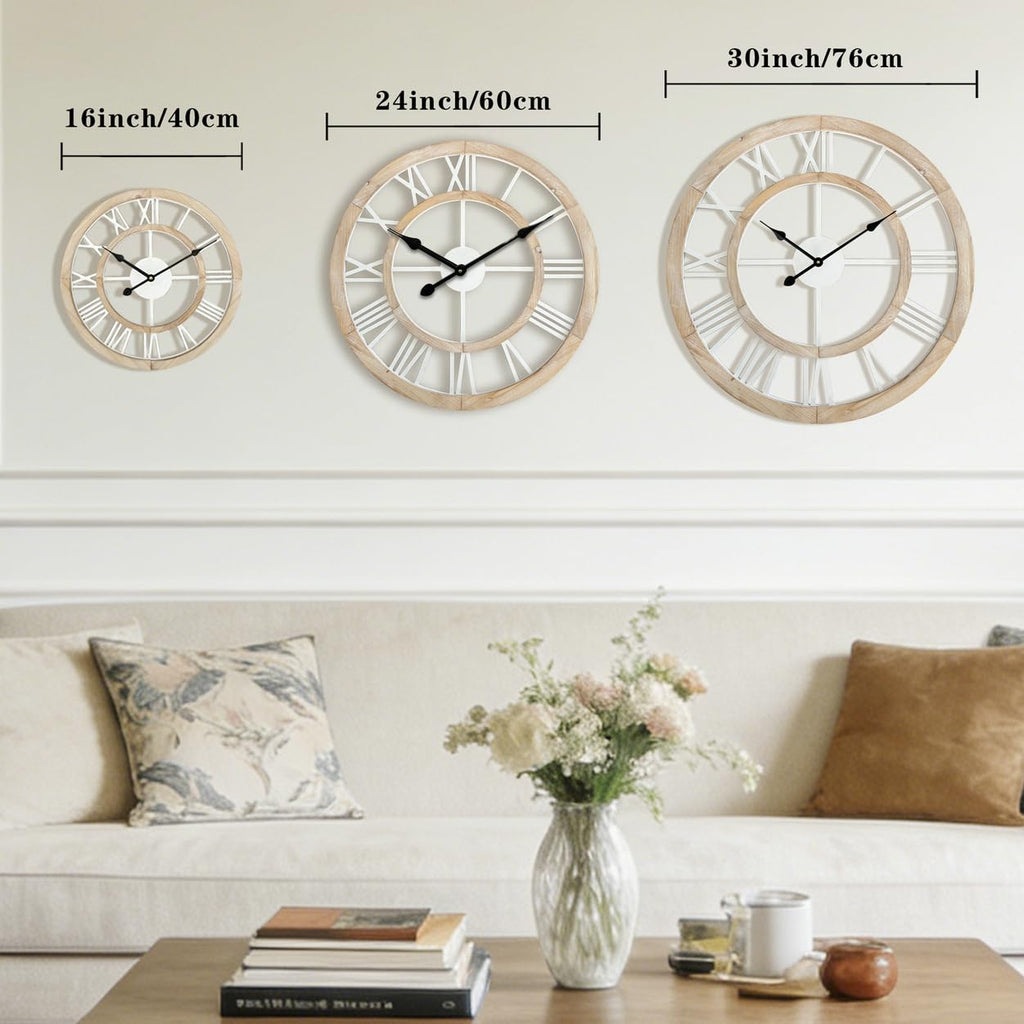 24 Inch Large Rustic Wall Clock Silent Non-Ticking Wooden Wall Clocks with Roman Numerals Farmhouse Decorative Clock