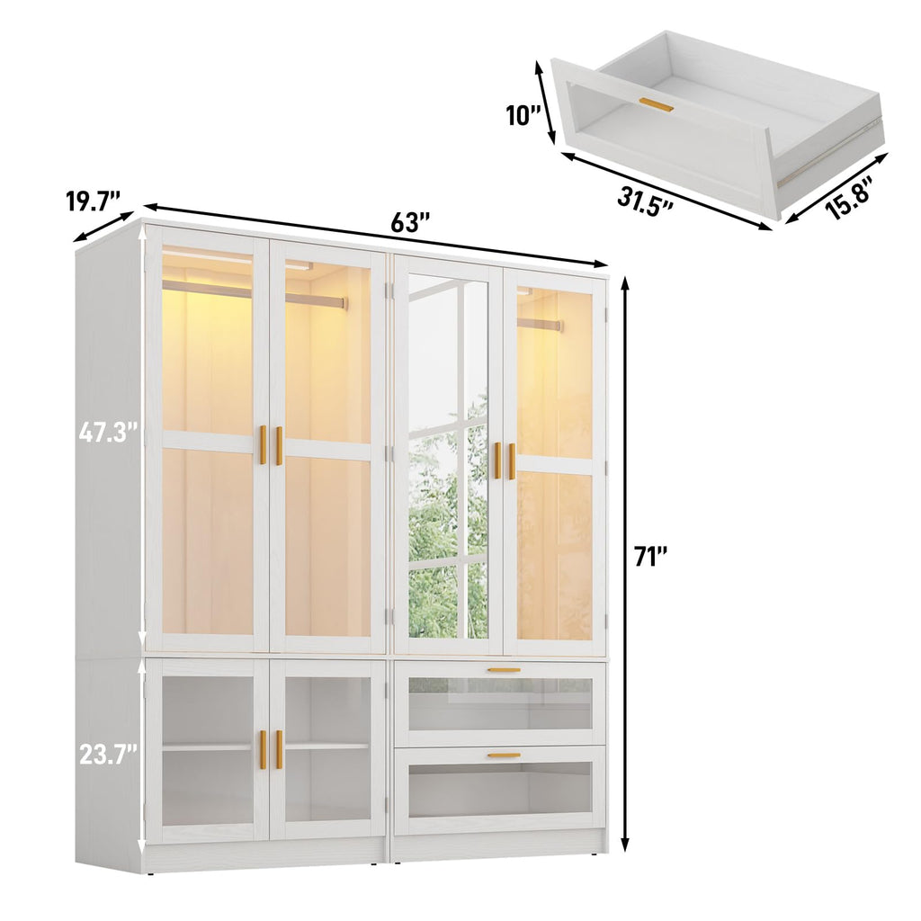 4 Doors Armoire Wardrobe Closet with LED and Mirror, 71" H Freestanding Wooden Wardrobe Closet Cabinet w 2