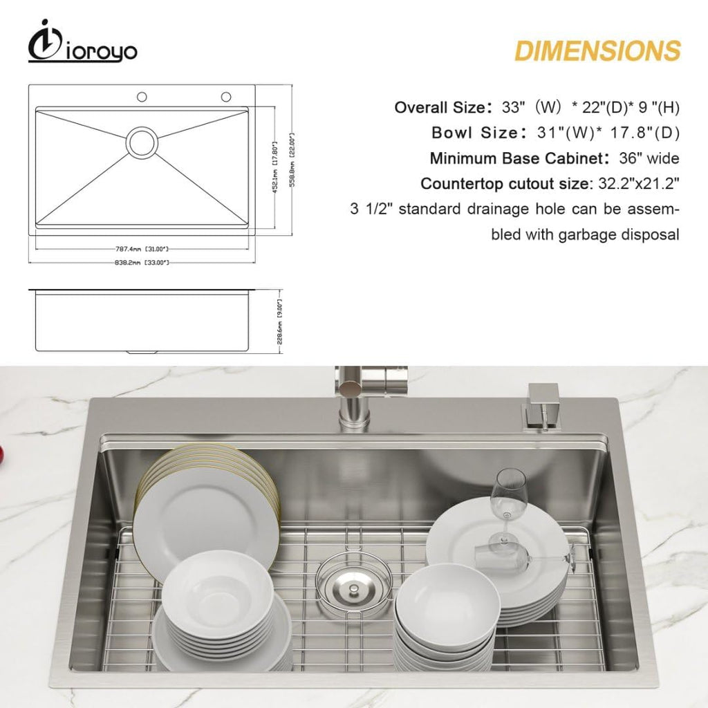 33 Inch Drop SInk 33"x22" Workstation Topmount Sink