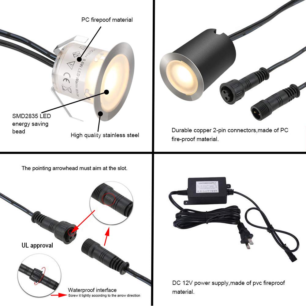 10 Pack Recessed LED Deck Light Kits with Protecting Shell, 32mm, Warm White, IP67 Waterproof, 12V Low Voltage