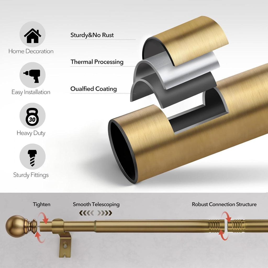 Brush Gold Curtain Rods for Windows 32 to 90 Inch, 1 Inch Brass Heavy Duty Curtain Rods Adjustable and Easy